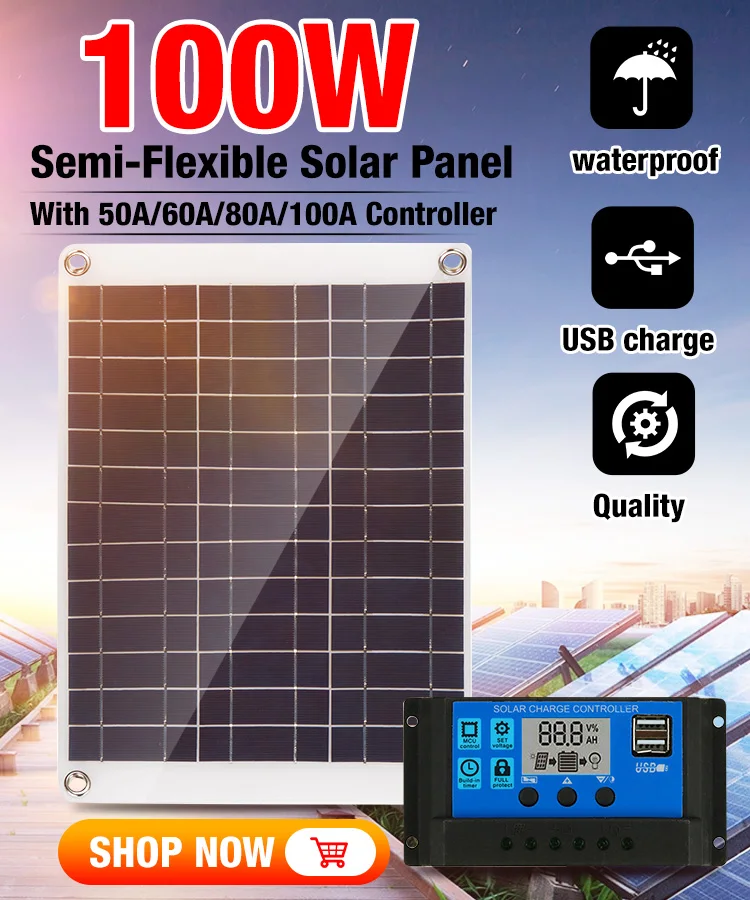 100W Flexible Solar Panel For Car/Boat/ Home Solar Battery Can Charge 12V Waterproof Solar Panel With 50/60/80/100A Controller