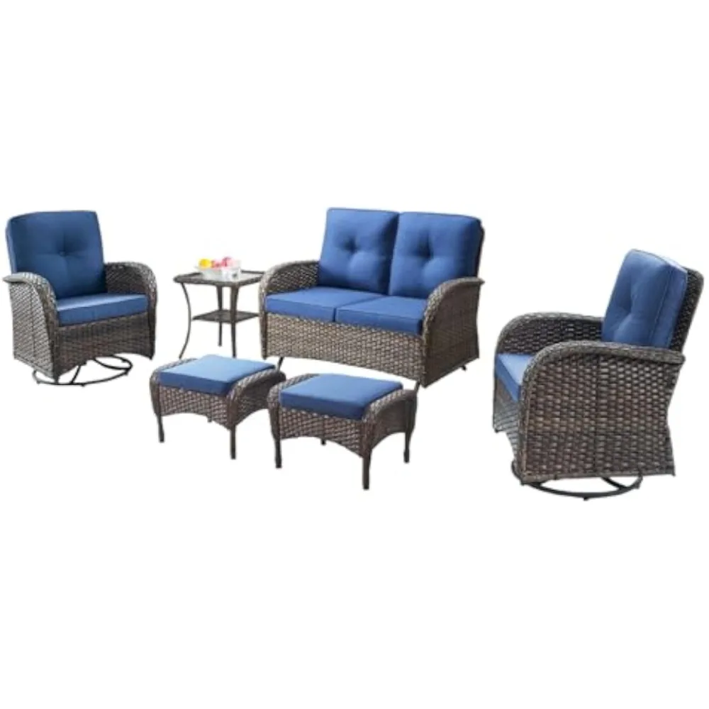 

6 Piece Patio Conversation Sets - Wicker Patio Furniture Sets with Brown Wicker Blue Cushion