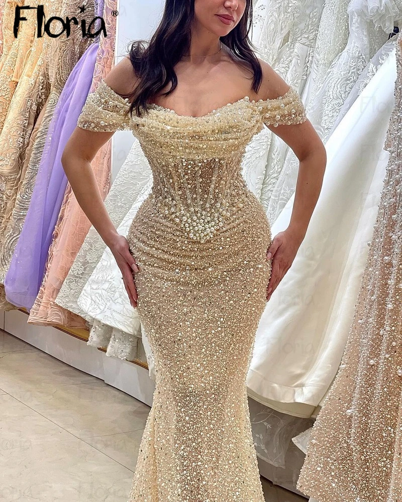 

2024 Pearls Champagne Party Dresses Off Shoulder Boat Neck Arabic Evening Dress Sequins Formal Wedding Guest Prom Gowns Custom