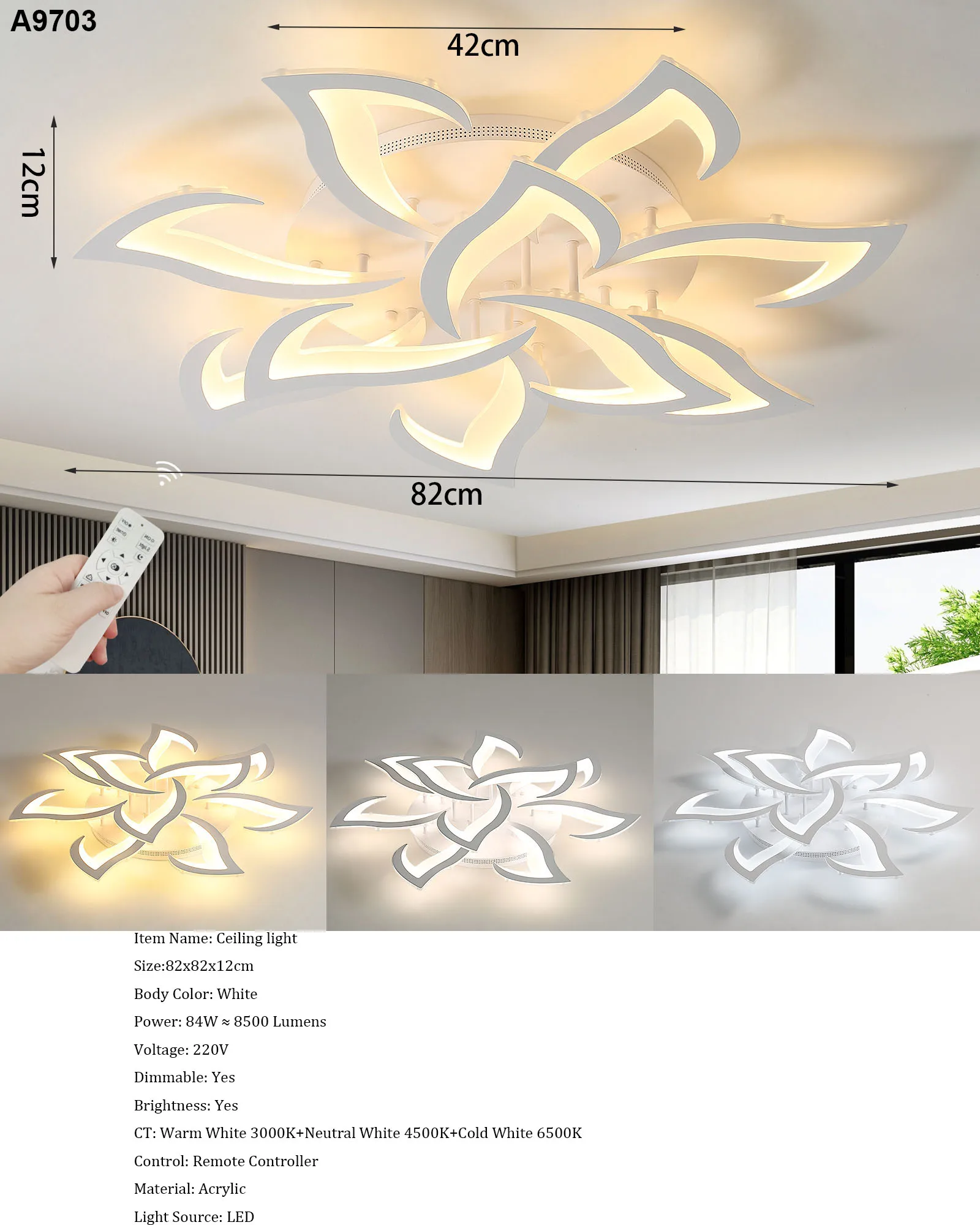 LED-Deckenleuchte im Blumendesign, Deckenlampe mit Fernbedienung, Dimmbar, Metall-Acryl-Blütenblätter, 10 Leuchtköpfe – Detail 1
