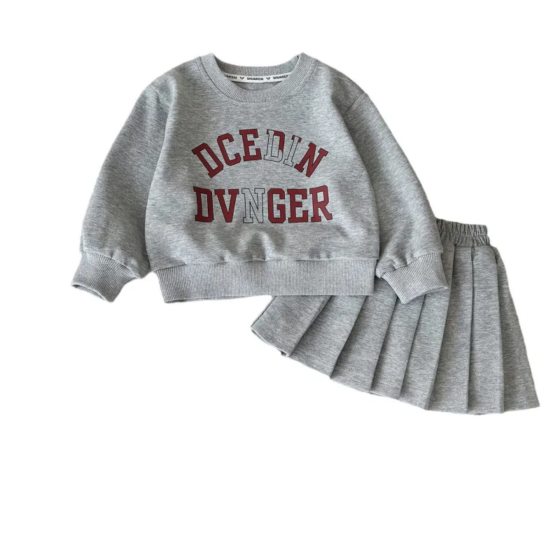Children's Outfit Set Skirt New Autumn Girls' Long Sleeve Letter Print Sweatshirt+Trendy Midi Skirt Casual Two-Piece Set