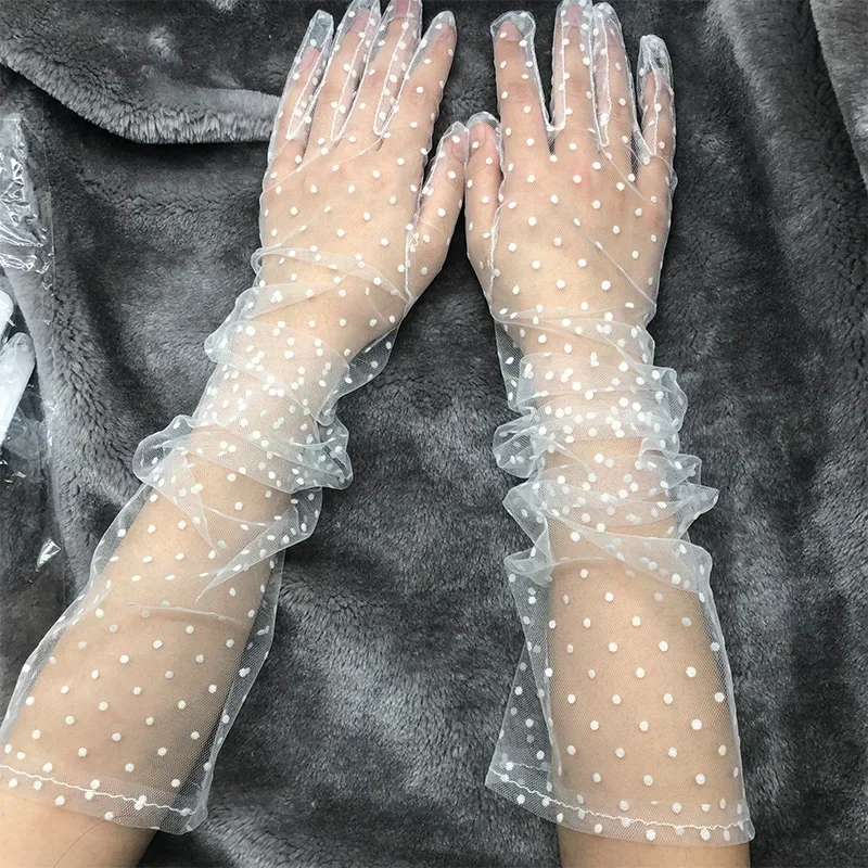 

Autumn Summer Women Long Tulle Gloves White Black Dot Weeding Gloves Stretchy Lace Spots Full Finger Mittens Mesh Lace Gloves