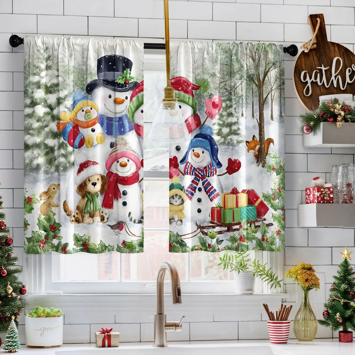VIKAMA 2PCS Christmas Short Valance Curtains 3D Print Waterproof Oilproof No Drill for Kitchen Window Bathroom Decor