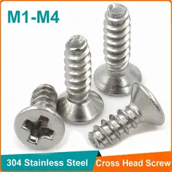 100pcs 304 Stainless Steel Flat Phillips Screw M1 M1.2 M1.7 M2 M2.6 M3 M4 Cross Recessed Countersunk Head Self-tapping Screws