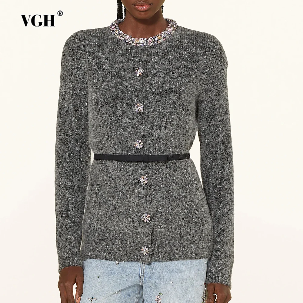 

VGH Casual Solid Slimming Knitted Jackets For Women Round Neck Long Sleeve Spliced Diamonds Temperament Jacket Female Fashion