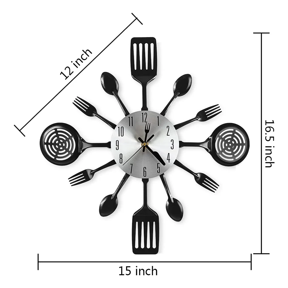 16 Inch Large Kitchen Wall Clocks with Spoons and Forks,3D Tableware Wall Clock Room Home Decoration(Black)