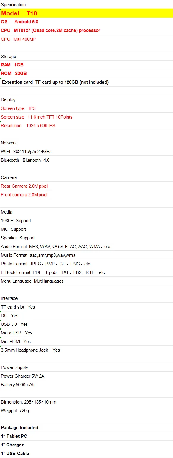 11.6 Inch T10 RCT6513 MT8127 Quad Core Dual Camera USB 3.0 WIFI HDMI-Compatible 1GB RAM 32GB ROM Android 6.0 Tablet PC