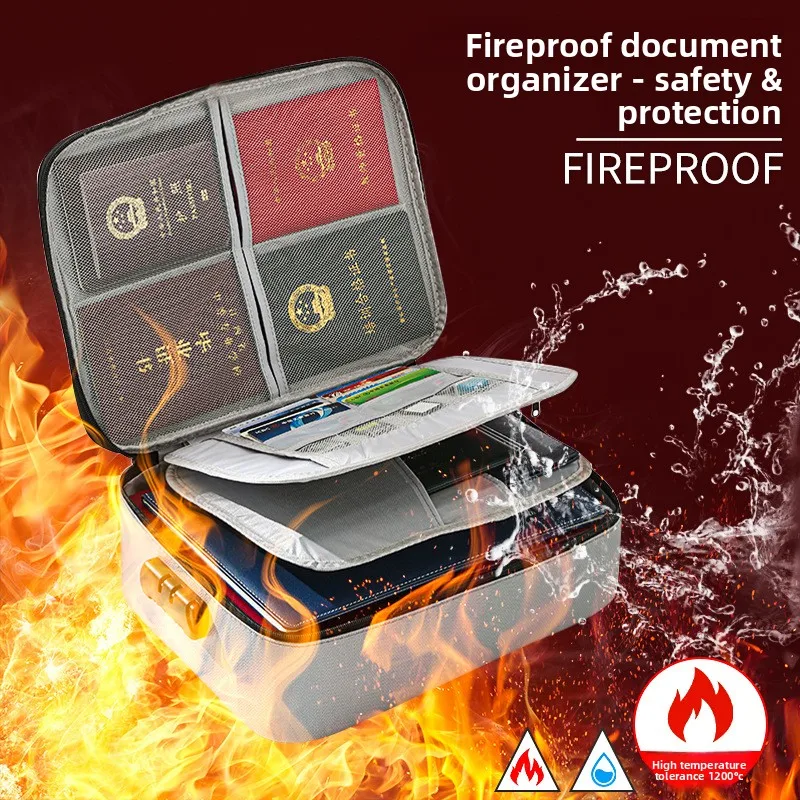 Lockable Multi Layer Document Storage Pouch with Combination Lock, Heat Resistant Glass Fiber Fabric Card Holder Organizer for