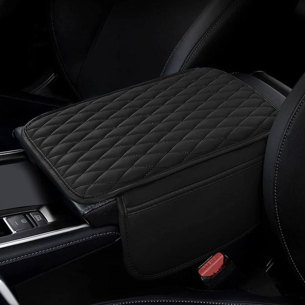 Armrest Cushion with Pocket Leather Arm Rest Mat Car Armrest Box Protective Pad Center Console Protector Cover with Side Pocket