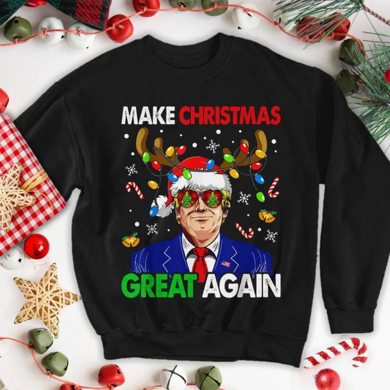 Make Christmas Great Again Man Woman Sweatshirt American President Santa Hat Xmas Winter Drop Shoulder O-neck Hoodie Warm Hoody