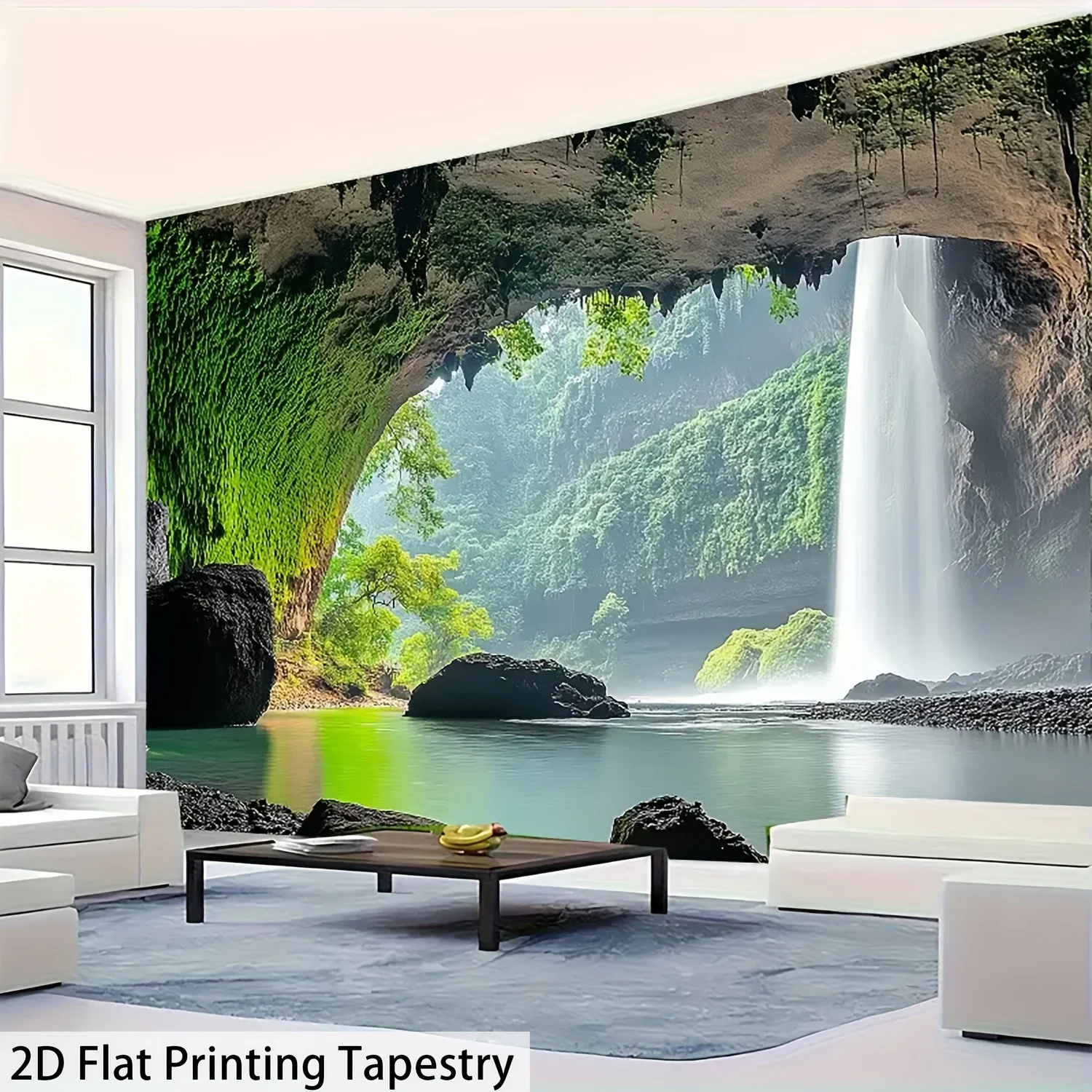 Tapiz Decorativo con Diseño de Cascada y Cueva, Impresión de Paisaje de Río y Bosque Verde, Decoración Boho para Sala de Estar y Dormitorio