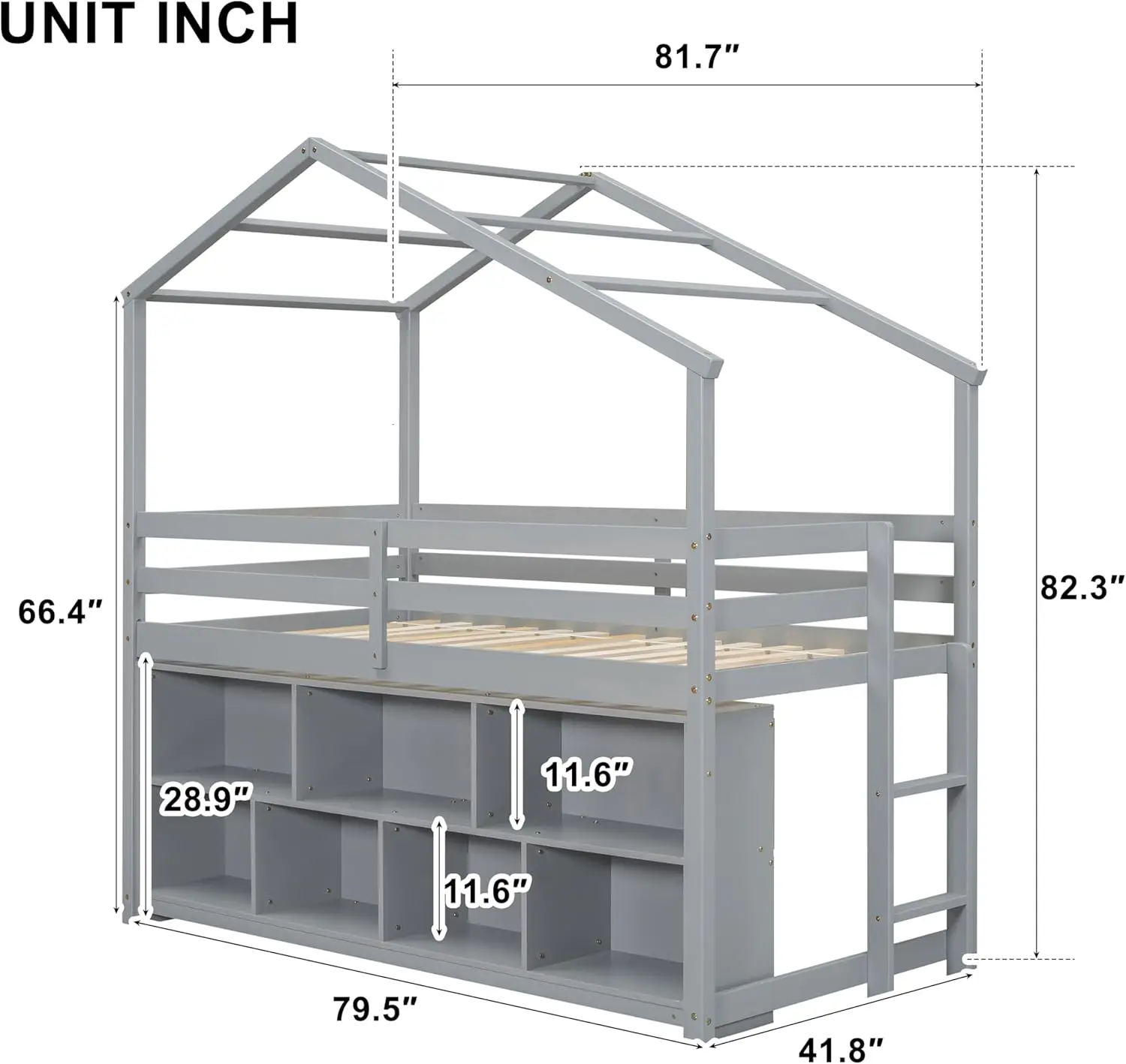 Twin Size House Loft Bed With Roof Frame, Under Bed Shelving Storage Unit, Solid Wood Loft Bed Frame With Ladder And Guardrails