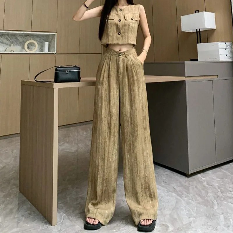 Pink linen suit 2024 summer new retro fashion high-grade cotton and linen vest vest wide-leg pants two-piece female