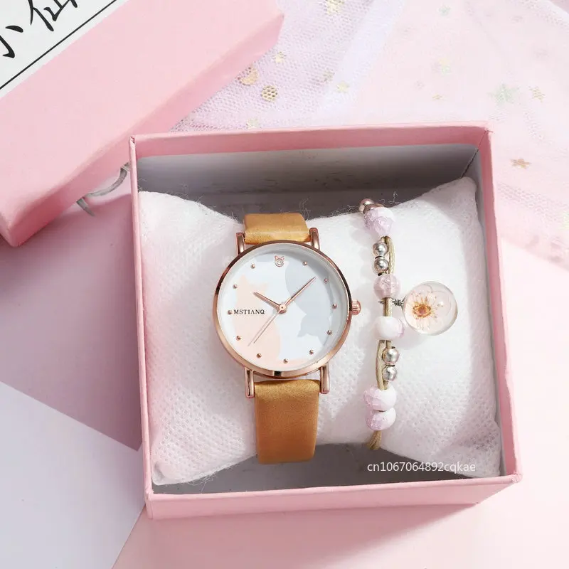 Reloj de pulsera de cuarzo para mujer y niño, accesorio con bonito diseño de gato de dibujos animados, minimalista, Harajuku, cinturón