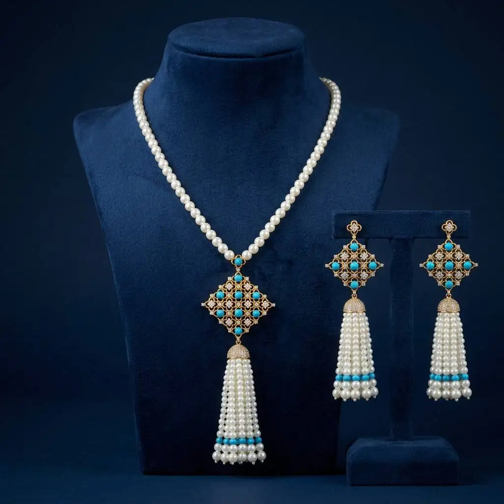 Bride Talk Gold Plated White Pearl Turquoise Tassel Filigree Drop Pendant Jewelry Set for Women Necklace Earrings