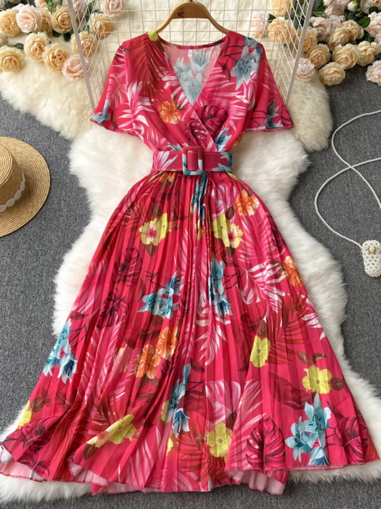 

Women Elegant Vintage Seaside Vacation Party Dress Summer V-neck Short Sleeved Floral A-line Pleat Belt Robe Vestodos