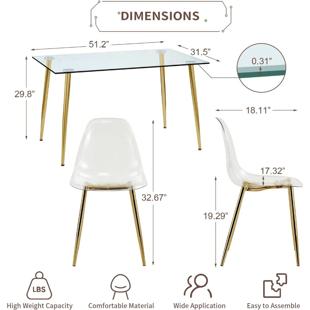 Glass Dining Table Set for 4, Table & Chair with Gold Plating Legs, Easy To Assemble, Kitchen Table Set, 51 Inch