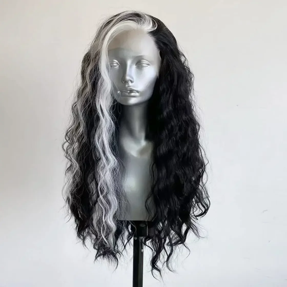 Black and White Long Wavy Lace Front Synthetic Wig Glueless Heat Resistant Fiber Hair for Women Cosplay Halloween and Daily Wear