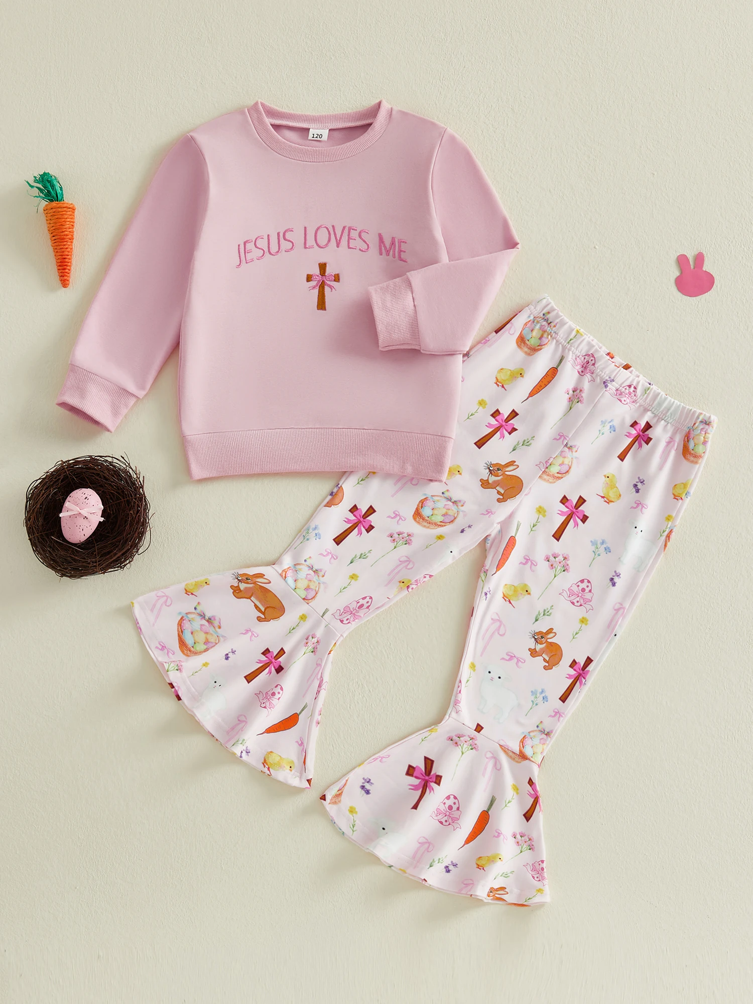 

Милый пасхальный комплект из 2 предметов для девочек с очаровательной вышивкой в виде кролика на топе с длинными рукавами и расклешенными брюками на эластичной талии. Идеально подходит для