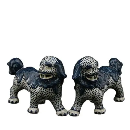 6.3 "الصينية جينغدتشن الأزرق الأبيض الخزف فو فو الكلب الحرس تمثال الأسد زوج #2