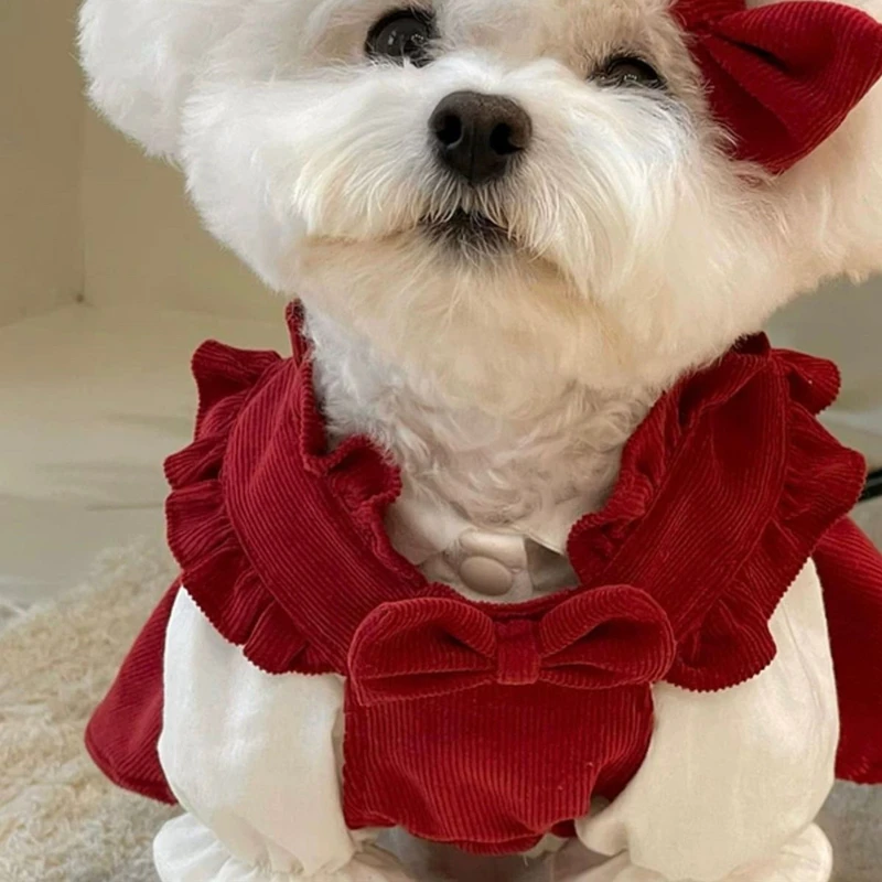 Red Corduroy Dog Clothes Teddy Winter Dress Bichon Solid Colour Pullover Pomeranian Small Dog Warm Clothes