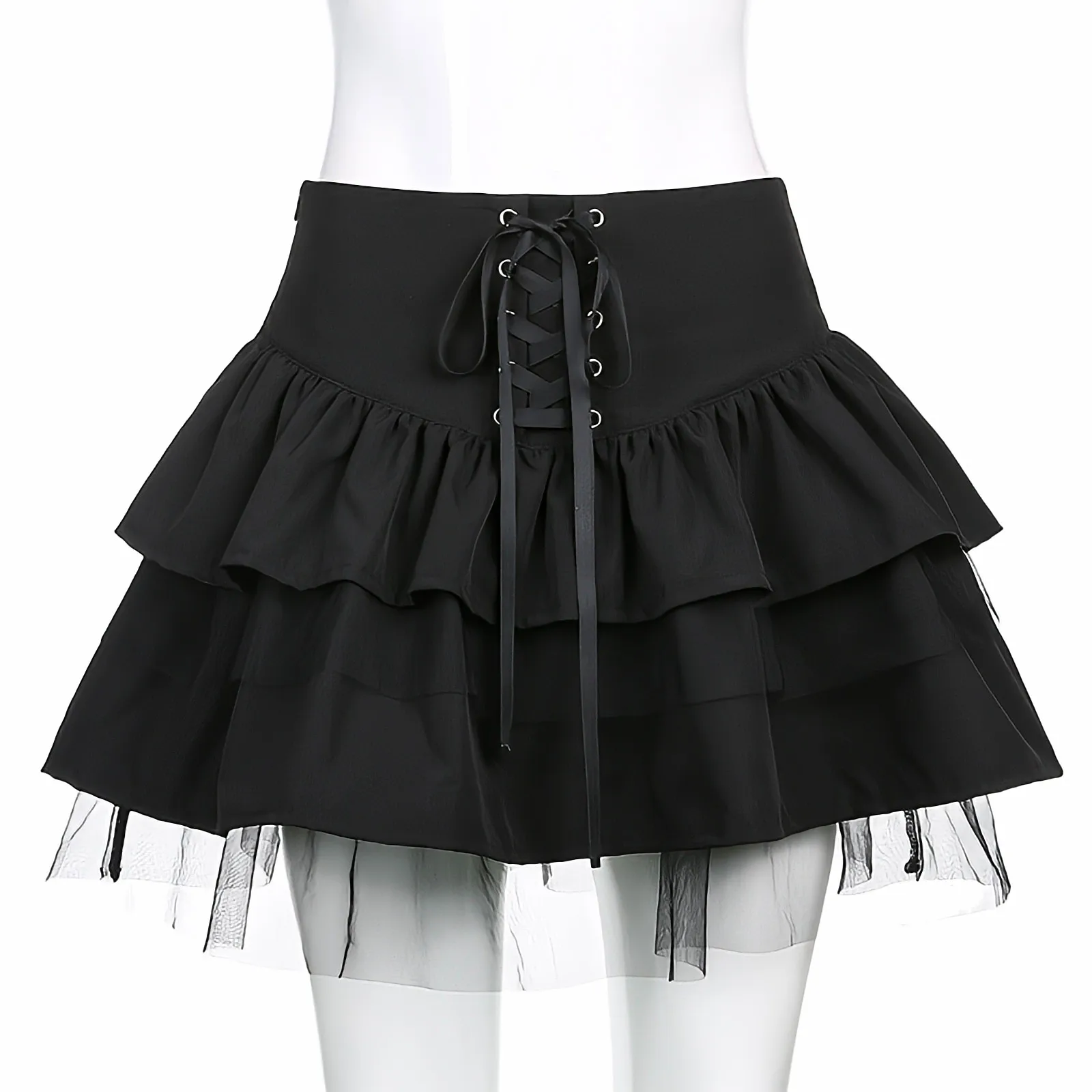 Summer Gothic Lace Cute High Waist Bandage Sexy Mini Skirt Lolita Ruffles Pleated Japanese Black A-Line Y2k Short Tutu Skirt 90s