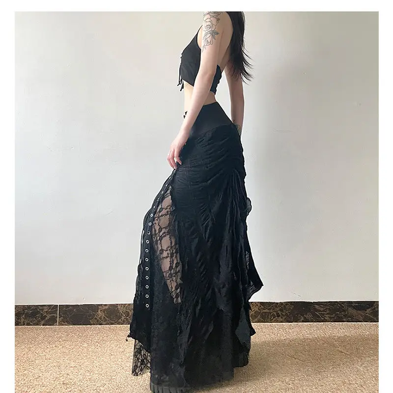 People's Korean Style Idle Lace Mesh Patchwork Long Skirt Autumn and Winter New Temperament High Waist up