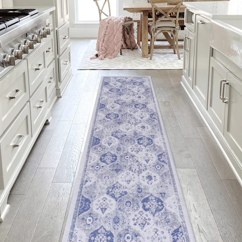 

LOOM & LUXE 2'6''x10' Blue Runner, Washable Rug, Low-Pile, Non-Slip, Non-Shedding, Foldable, Kid & Pet Friendly - Area Rugs for