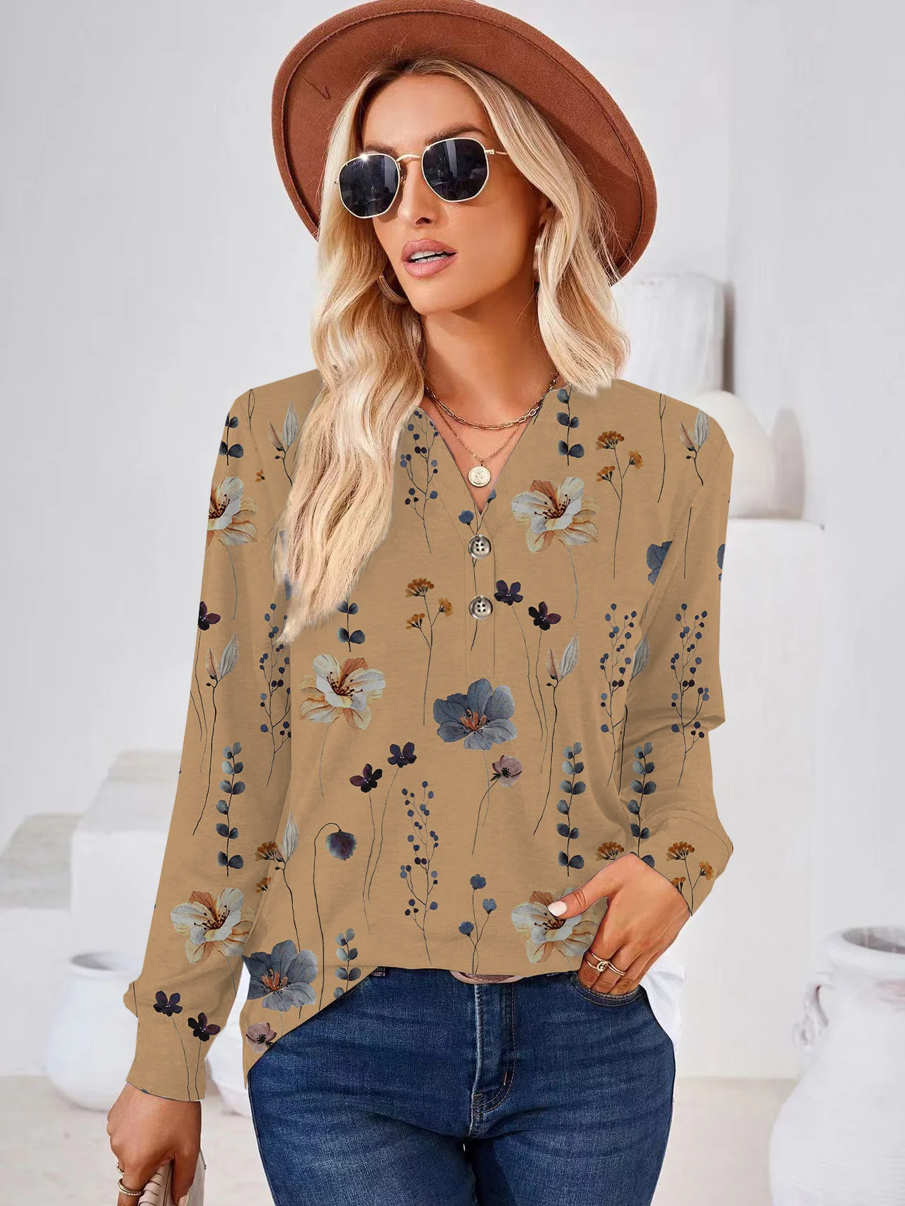 

Свободная повседневная длинная футболка на пуговицах с принтом V-Ne для женщин, осень-зима, уличная, с цветочным узором, удобная базовая футболка...