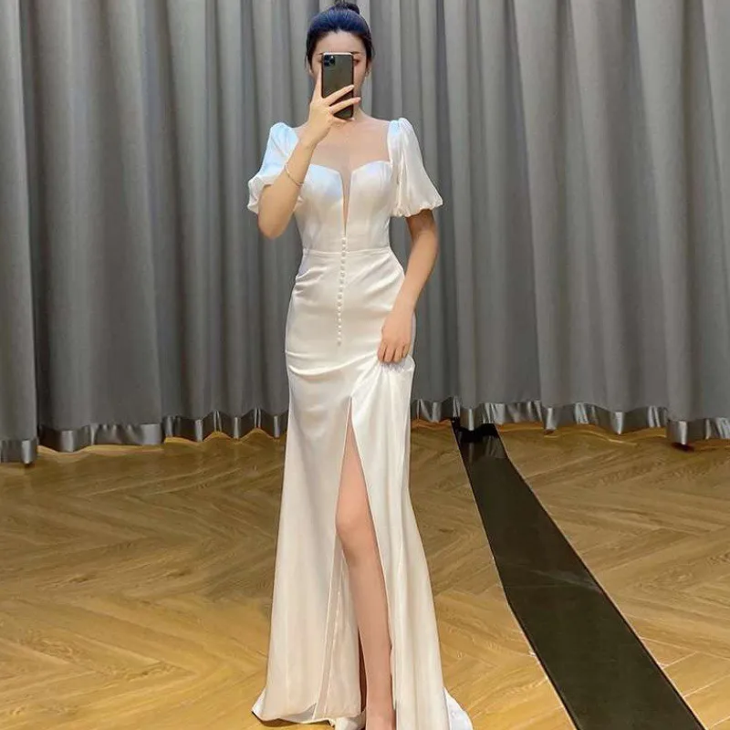 

Sexy Evening Dress 2025 New White Square Collar Short Sleeve Fishtail Skirt Slim 2025 New Simple Temperament Light Wedding Dress