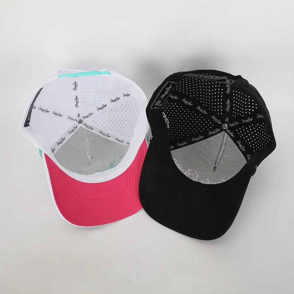 50個卸売カスタム高品質刺繍ロゴ5パネルスポーツゴルフハット、ホワイトポリエステルゴラス、レーザーカット穴野球帽