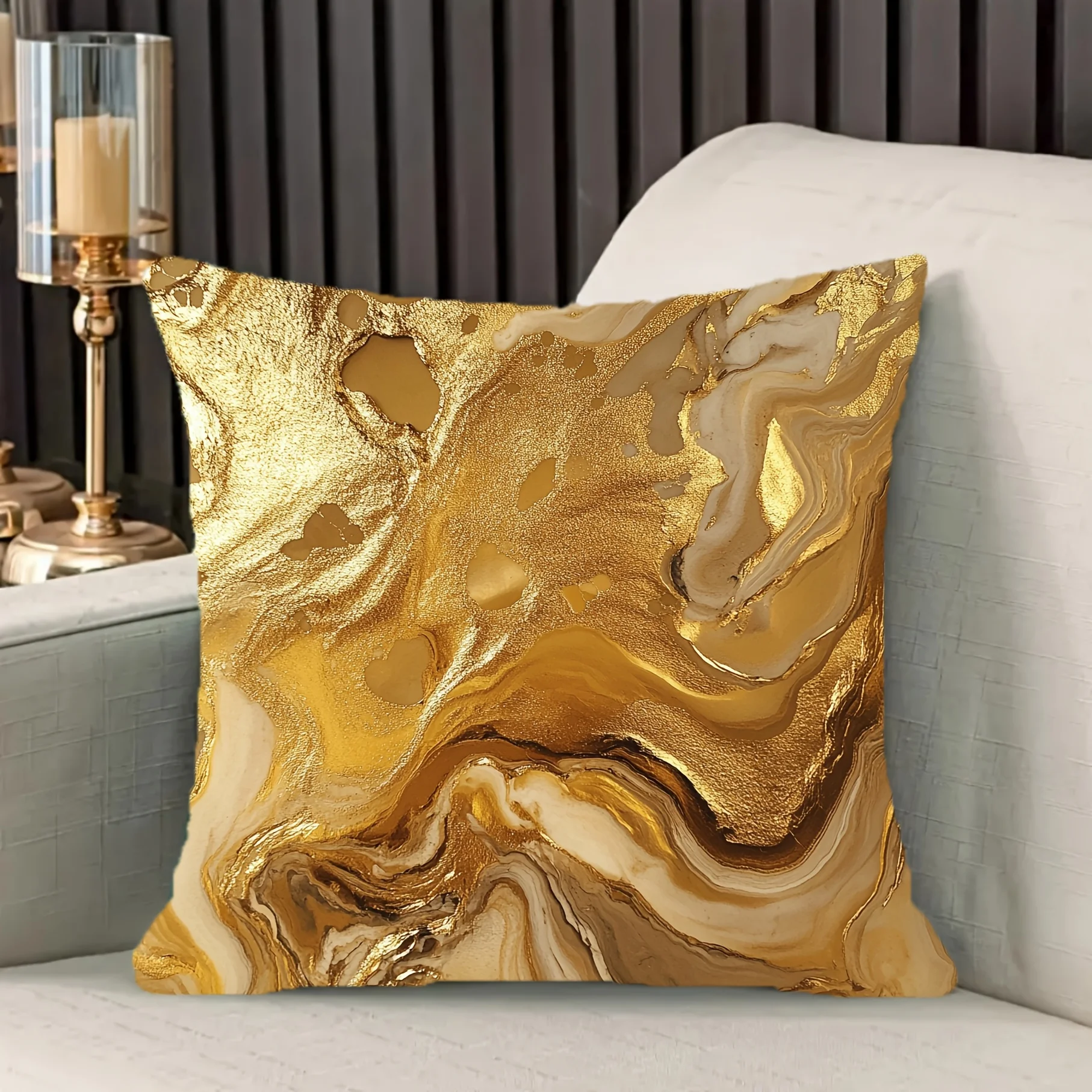 Luxurious Golden Liquid Marble Decorative Pillowcase, Metal Foil Design Cushion Cover for Modern Living Room Bedroom