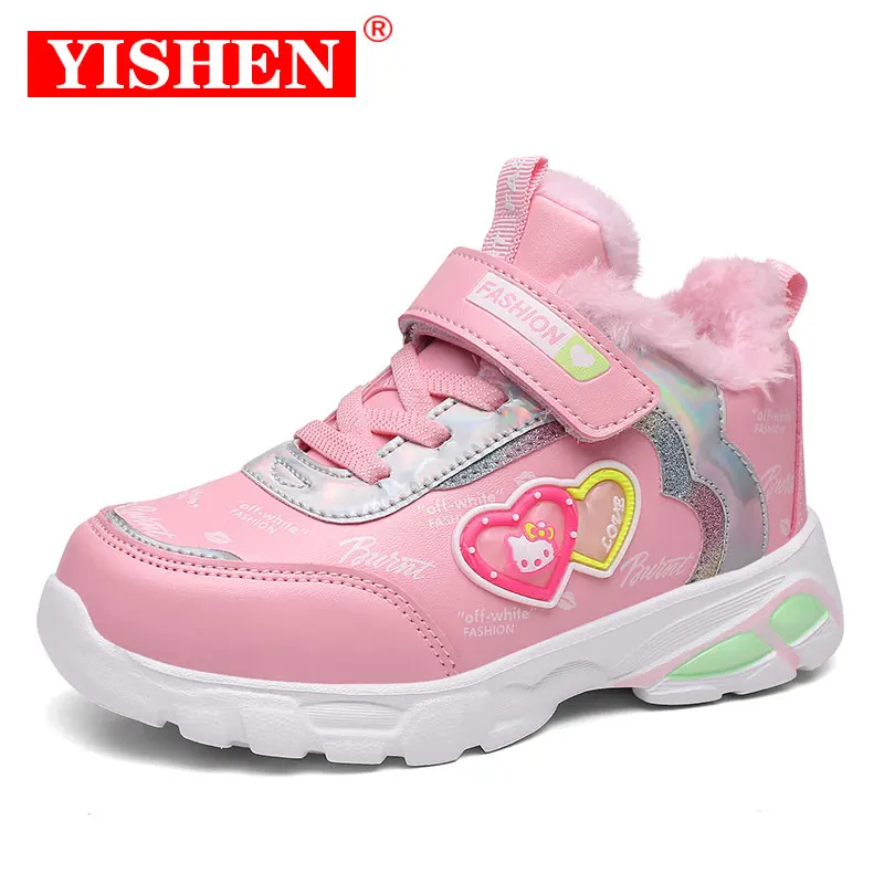 Tênis yishen para meninas sapatos de algodão de pelúcia quente sapatos infantis de inverno sapatos casuais tênis de corrida cestas derramar filles rosa