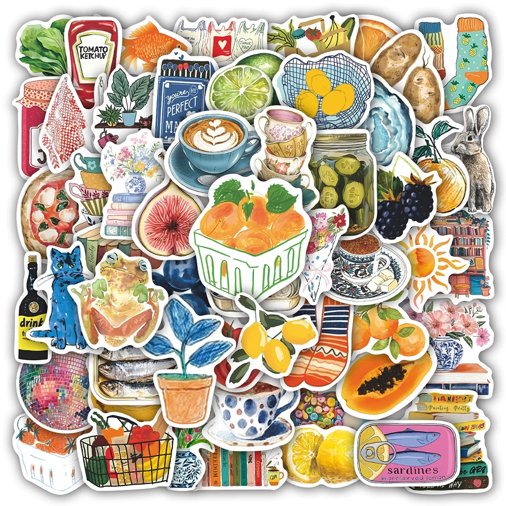 10/30/55pcs Creative Retro Mediterranean Food Aesthetic Stickers Waterproof DIY Suitcase Notebook Laptop INS Cartoon Sticker Toy