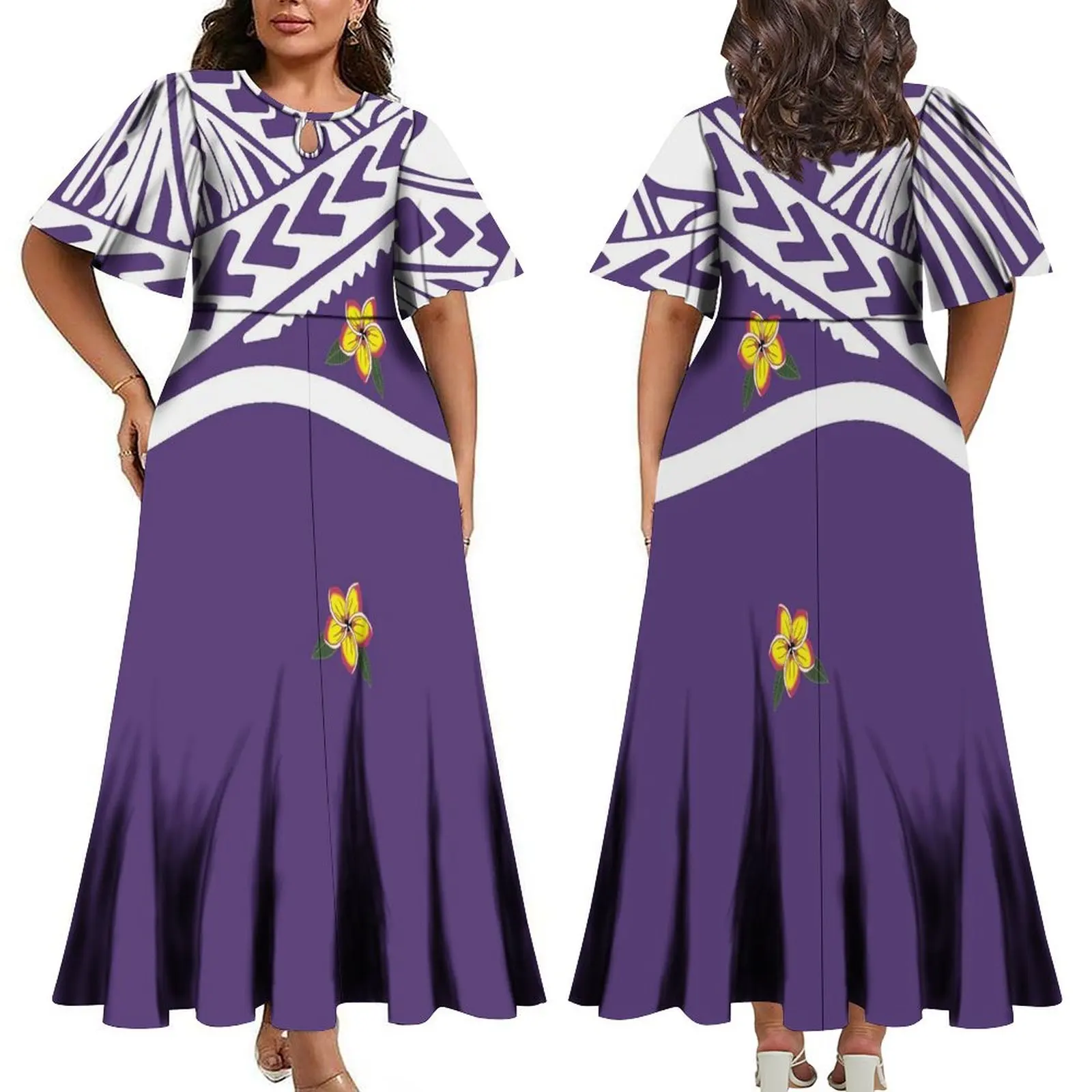 Traditional Polynesian Women Long Dress Teardrop Neck Midi Sleeve Printed Samoan Party Dress Customizable