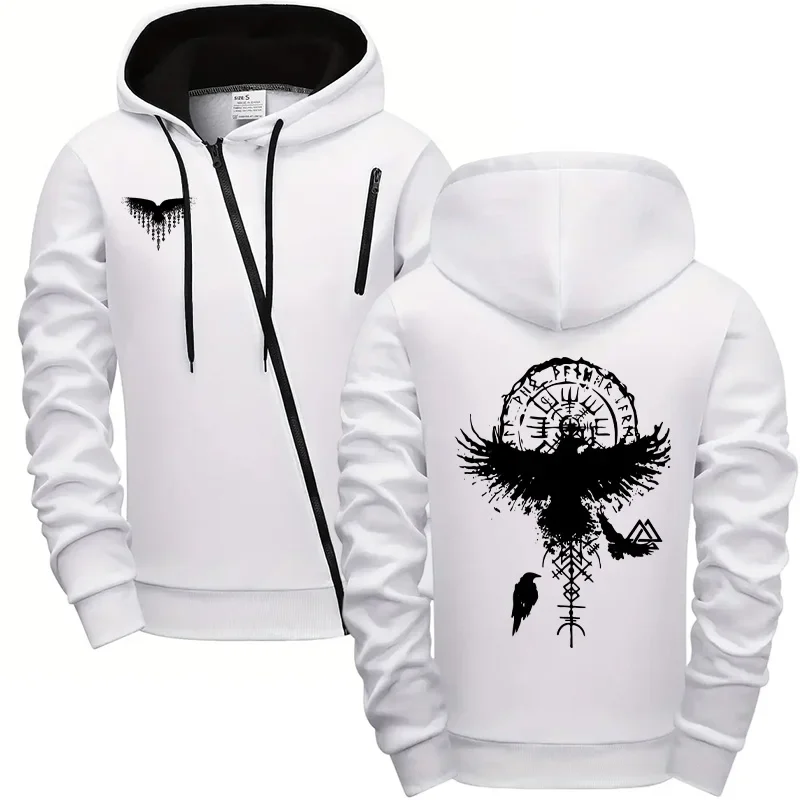 

Ancient Raven Print Men Hoodie Creative Diagonal Zipper Sweatshirt 2025 Autumn Winter Male Daily Casual Sporty Cycling Outwear