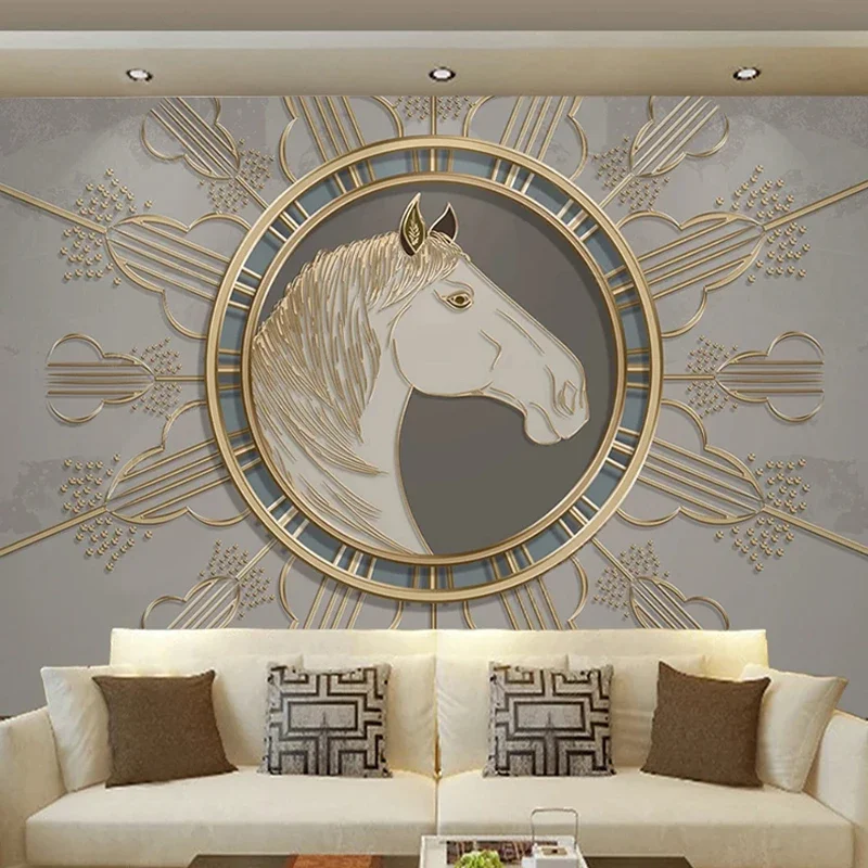 

Custom Size Wallpaper European Style Creative Golden Horse Head Embossed Lines Mural Living Room Bedroom Background Home Decor