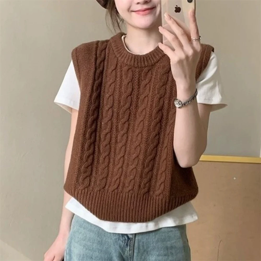 

Весенне-осенний однотонный вязаный жилет для женщин, весна 2026, новый корейский свитер без рукавов, жилет, винтажный свитер