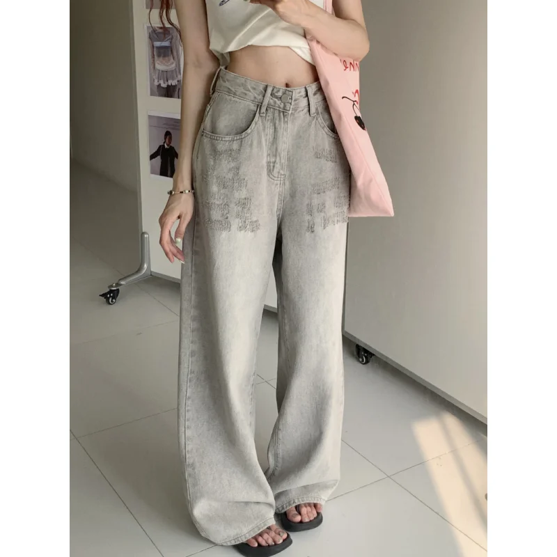 

Grey High Waist Jeans for Women Worn-out Chic American Vintage Fashion Streetwear Wide Leg Jean Female Trouser Baggy Denim Pants