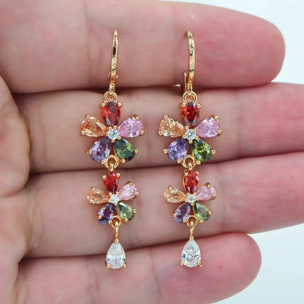 Damen mehrfarbige Zirkonia Hochzeit Ohrringe luxuriös und modisch, hängende Blumen, Schmuck