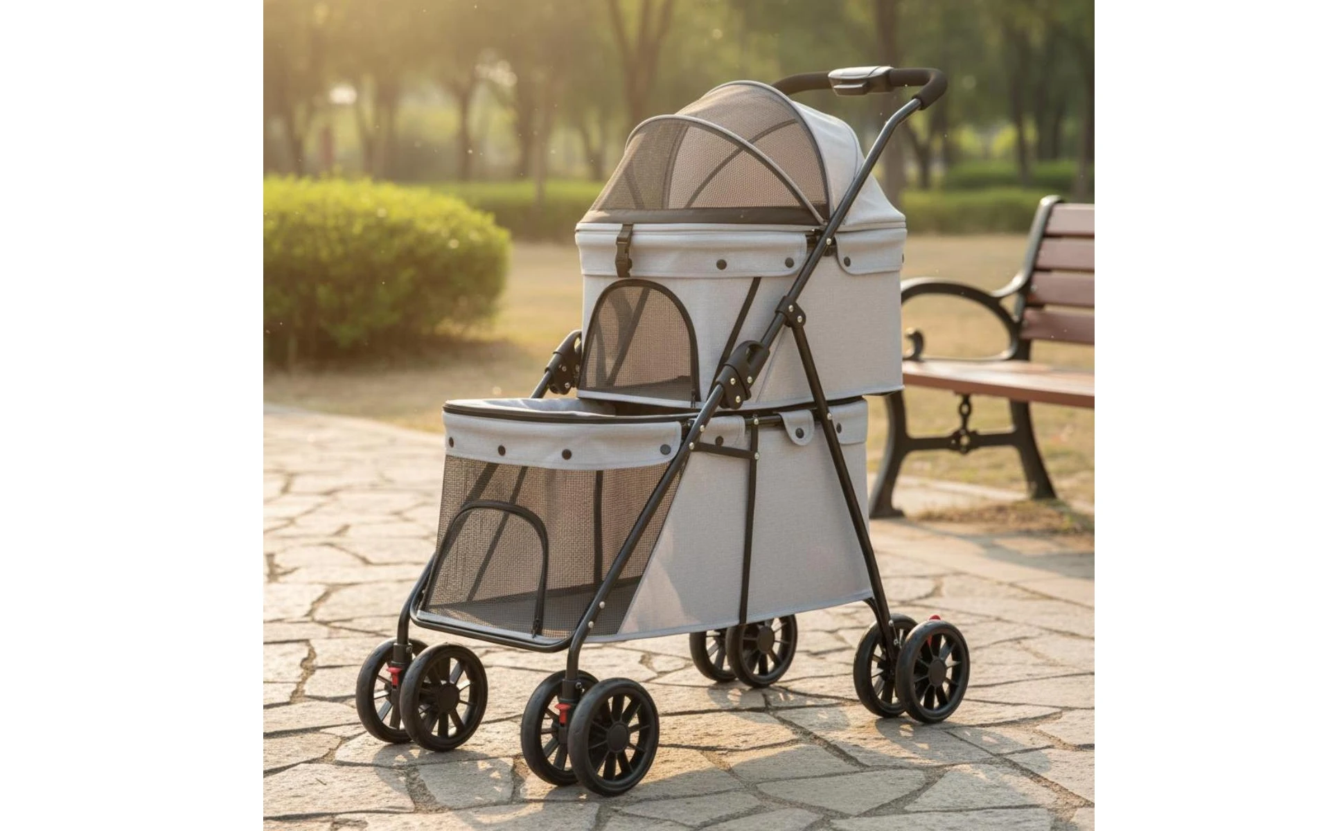 Double Layer Dog Feline Stroller Easy to Fold Double Deck Pet Stroller Breathable Mesh for Travel