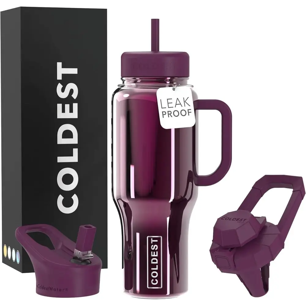 

Stainless Steel Insulated Tumbler with Handle & Straw, 36 oz Leakproof, 100% Spill-Proof, 3 Lids, Purple