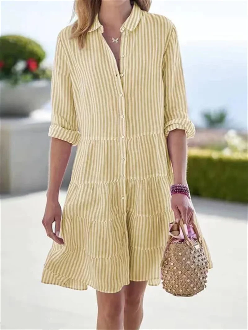 Summer Striped Long Sleeve Dresses Women Commuter Lapel Single-breasted Cardigan Shirred Dress Multi-layer Patchwork Hem Gown 24