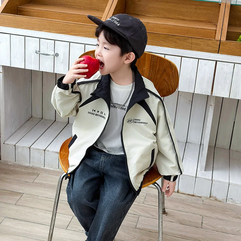 

Двусторонняя бейсбольная куртка для мальчиков: модный весенне-осенний комплект для детей, дышащий, из смесового хлопка, с воротником-стойкой, на молнии