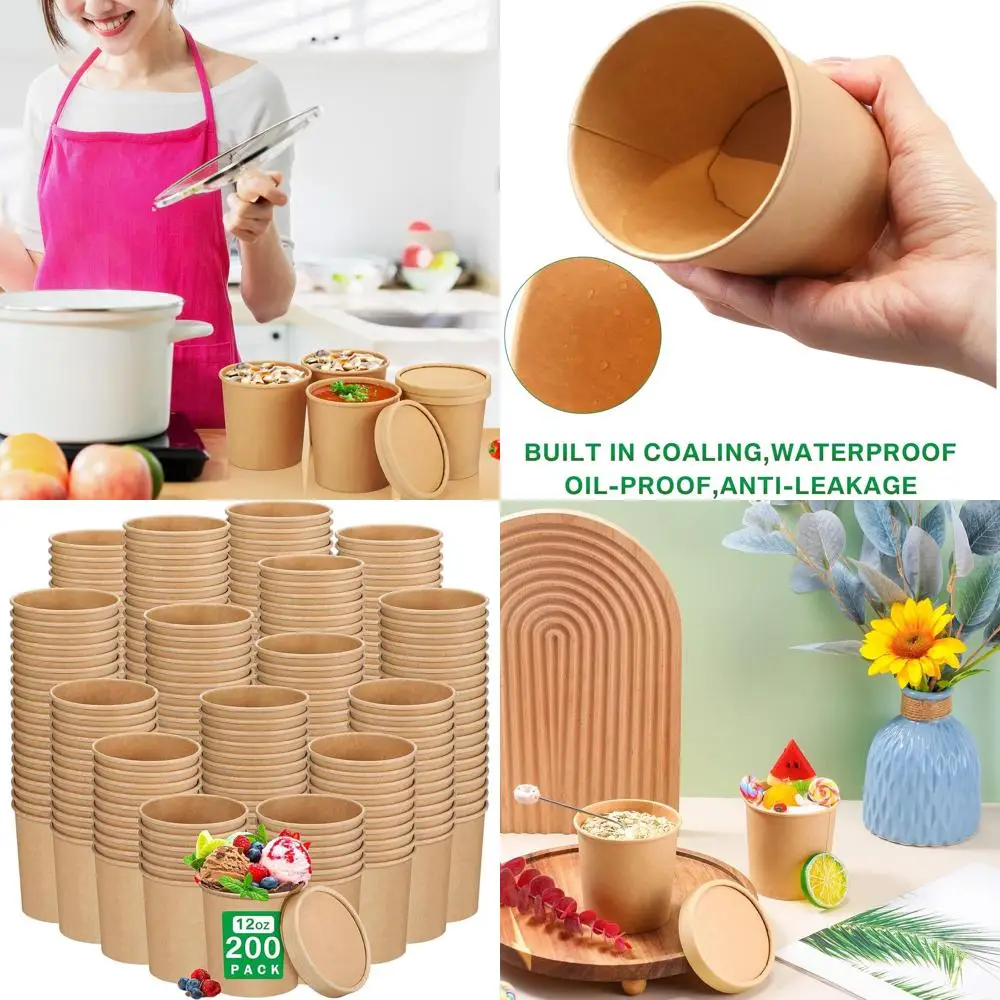 

200 Pack 12 oz Disposable Paper Bowls with Lids - Microwave and Freezer Safe for Soup, Ice Cream, and Fruit (Brown)