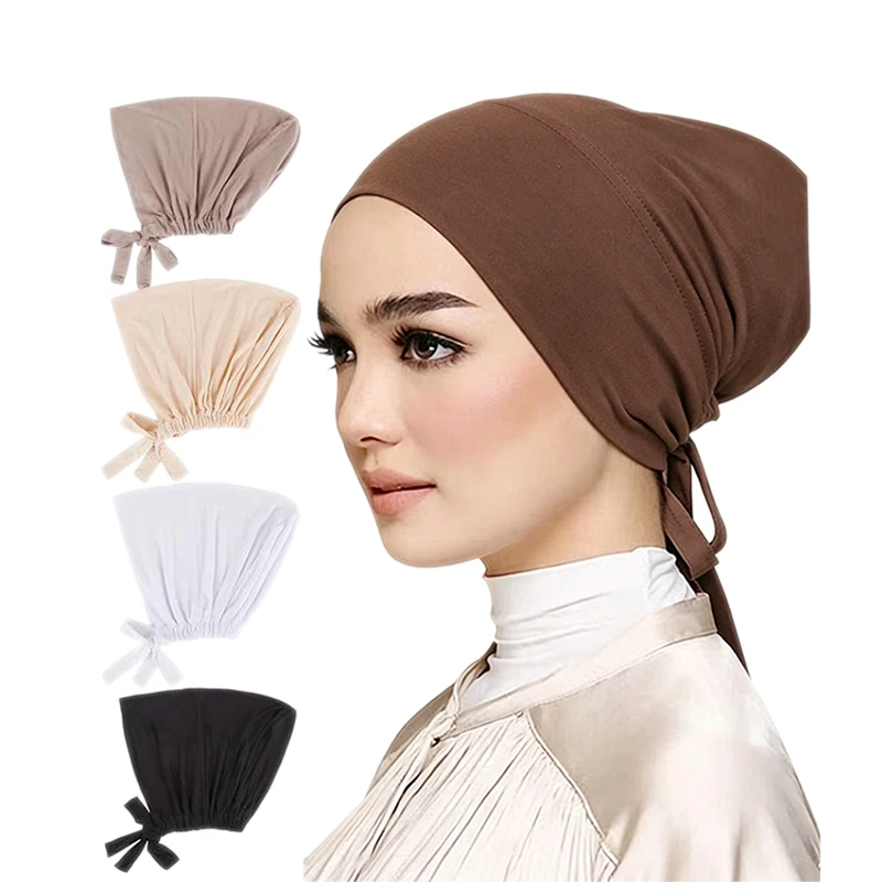 2PCS Women Soft Elastic Cap Back AdjustableTie Band Inner Turban Hat Daily Headwear Head Hair Wrapping Cap Chemo Cap
