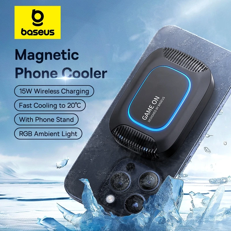 

Baseus Magnetic Phone Cooler with 15W Wireless Charging for iPhone 16 Pro Max Game Radiator with Mobile Phone Stand Cooling Fan