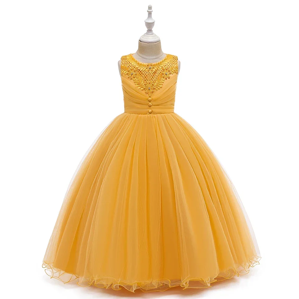 6 Colors 110cm-160cm Autumn Girl Dress Princess Children Skirt Wedding Ball Gown Sleeveless Performance Vestidos