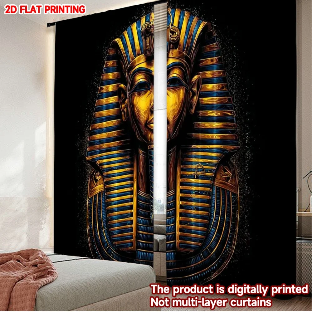2pcs King Tut Curtains , Egyptian Pharaoh Mask with Gold Blue Details on Black Background for Luxurious Living Room Decor