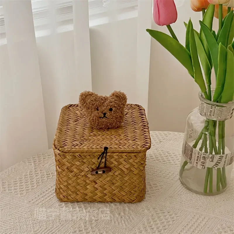 Bear Desktop Storage Box Hand-woven Rattan Wicker Basket Fruit Tea Snack Bread Basket Cosmetic Rectangular Storage Box Household